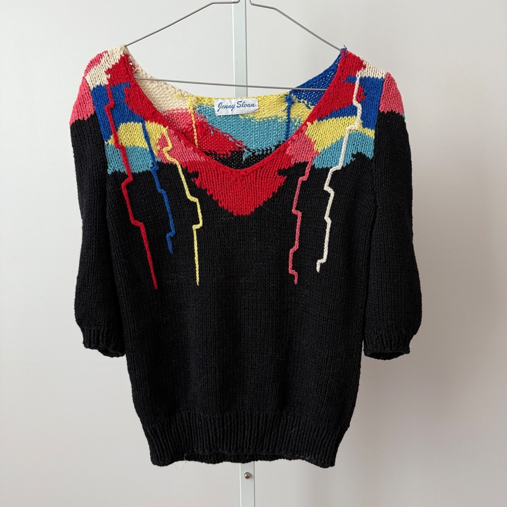 VTG Jenny Sloan Colorful Knit Sweater Retro Puffy‎ Sleeves sz M 80s 90s